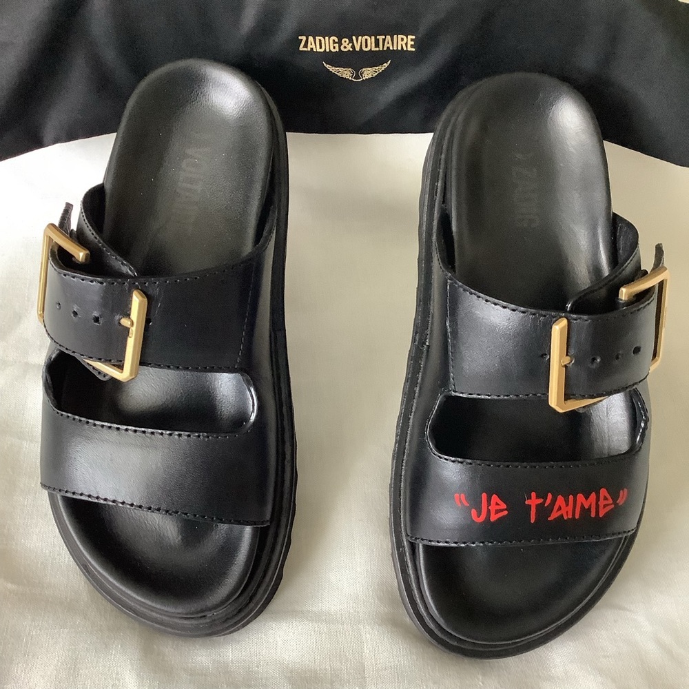 Zadig & Voltaire Cecilia Black Sandal with Gold Buckle
